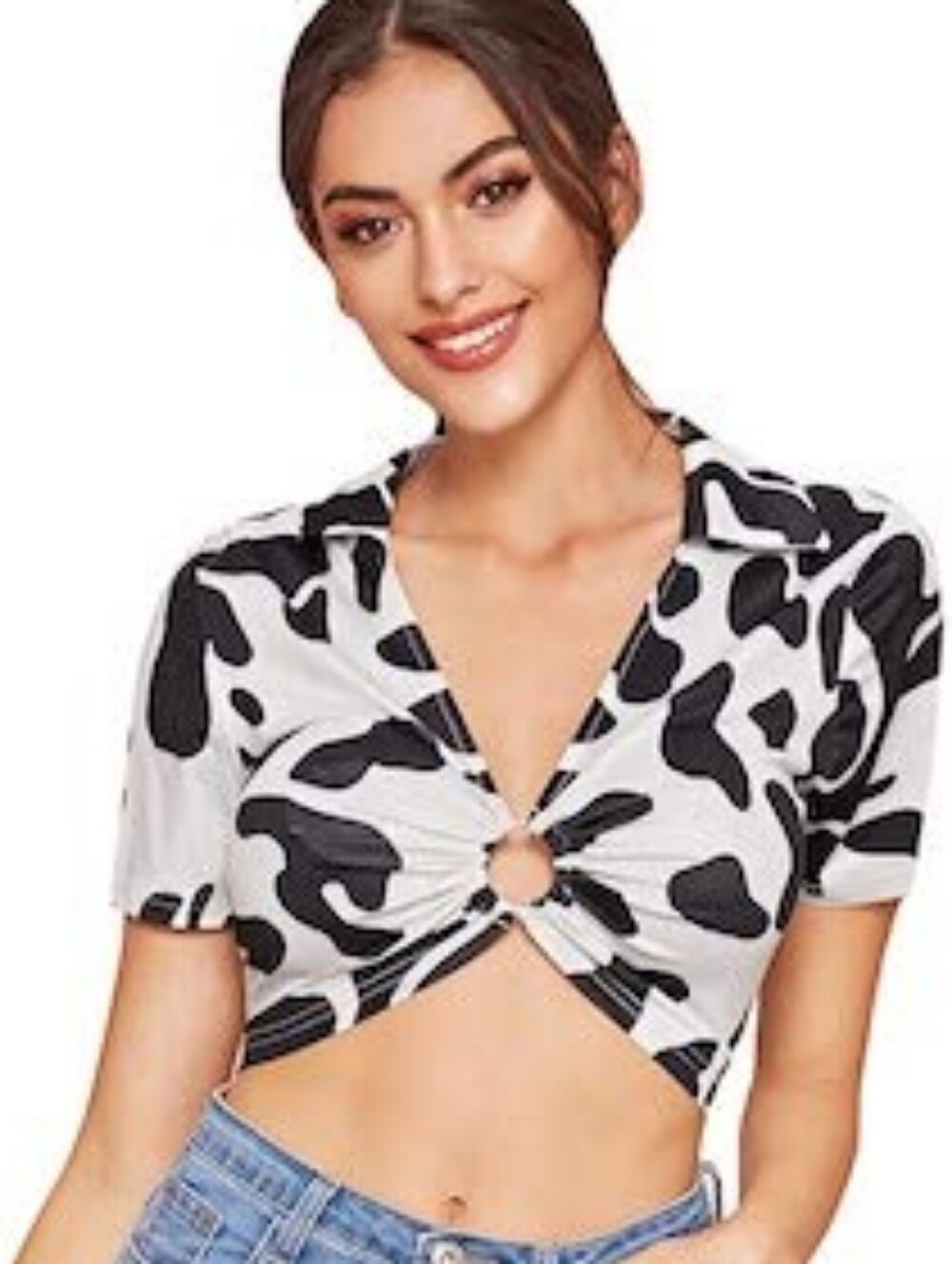 SHEIN Cow Print Cropped Collared Top with Ring Detail - Size M